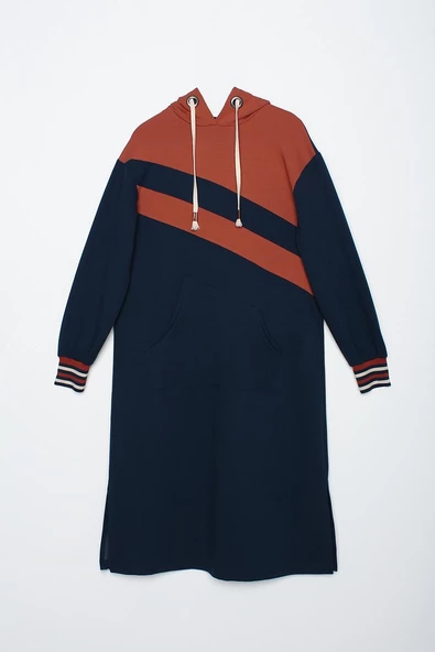 Koyu İndigo-İki Renkli Kapüşonlu Sweat Tunik - 7