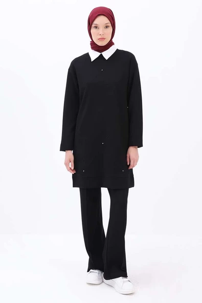 Siyah-Taşlı Geometrik Çima Detaylı Likralı Tunik - Resim 2