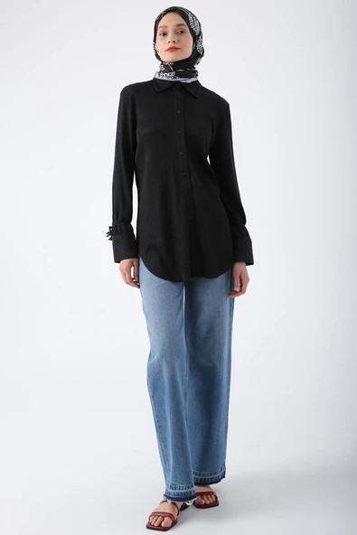 Antrasit-Piliseli Kolları Bağcık Detaylı Gömlek Tunik ürün görseli