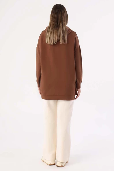 Kahve-Kapüşonlu Kanguru Cepli Likralı Sweat - 4