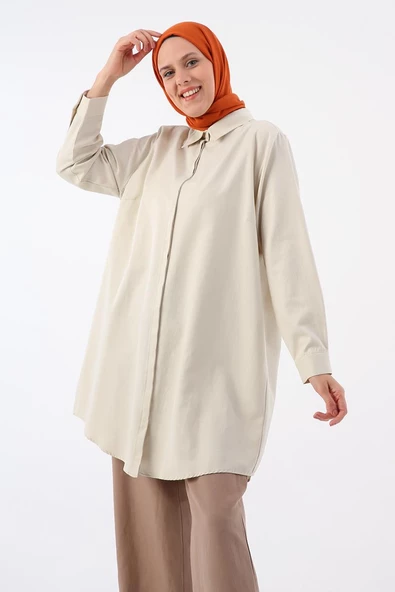 Açık Bej-Büyük Beden Gömlek Tunik - Resim 5