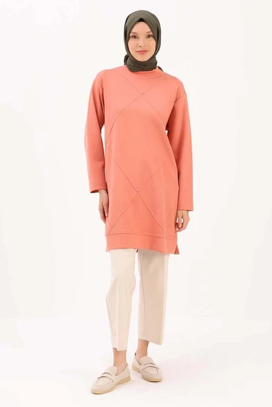 Somon-Taşlı Geometrik Çima Detaylı Likralı Tunik - Resim 2