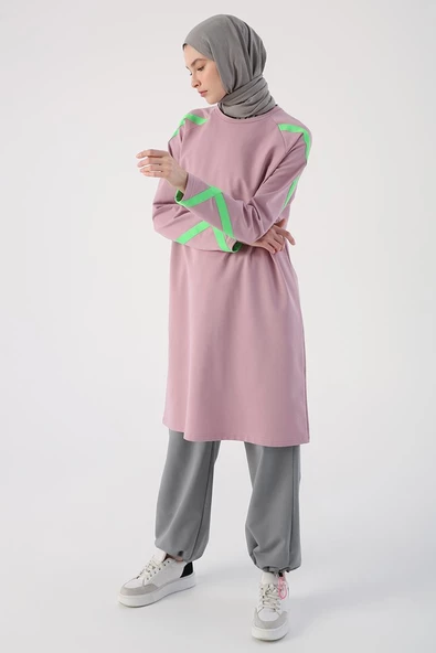 Soft Lila-Neon Şerit Detaylı Sweat Tunik