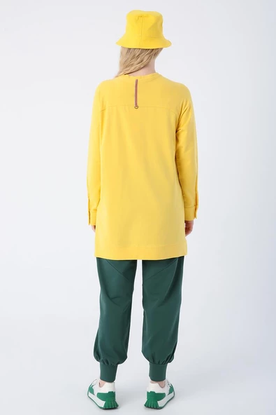 Sarı-Pamuklu Reglan Kol Manşetli Yanları Yırtmaçlı Sweat Tunik - Resim 4