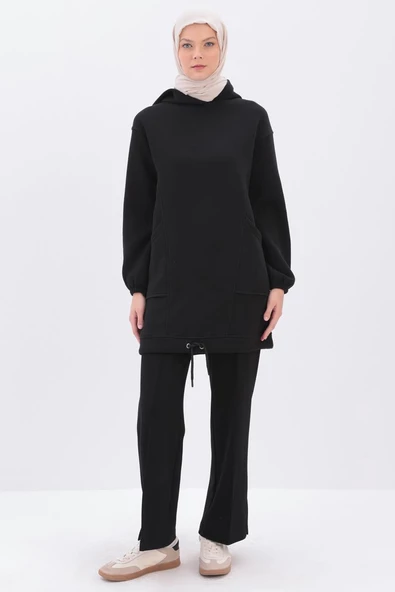 Siyah-Kulplu Kapüşonlu Sweat Tunik - Resim 2