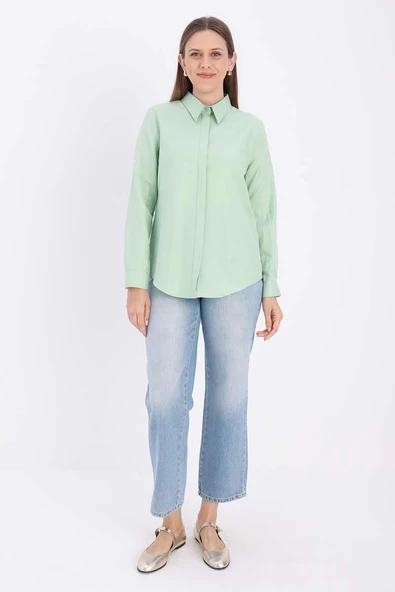 Su Yeşili-Pamuklu Gizli Patlı Gömlek - Resim 2