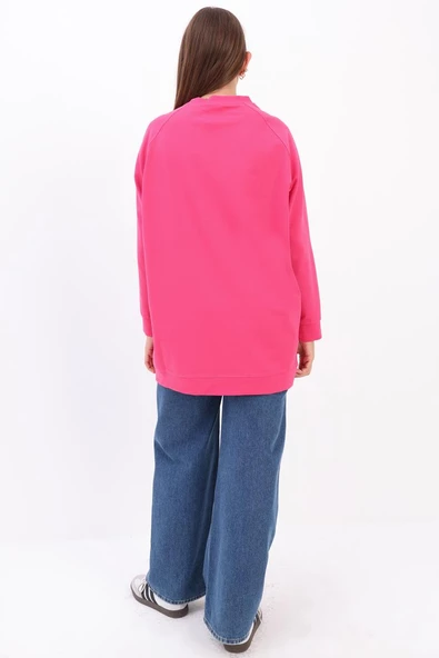 Fuşya-Bisiklet Yaka Reglan Kol Likralı Sweat - Resim 4