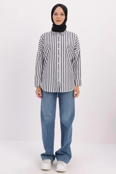 Siyah-Beyaz-Oversize Basic Gömlek - 2