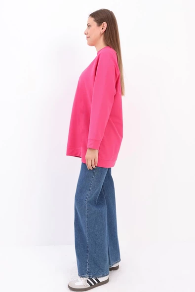 Fuşya-Bisiklet Yaka Reglan Kol Likralı Sweat - Resim 3