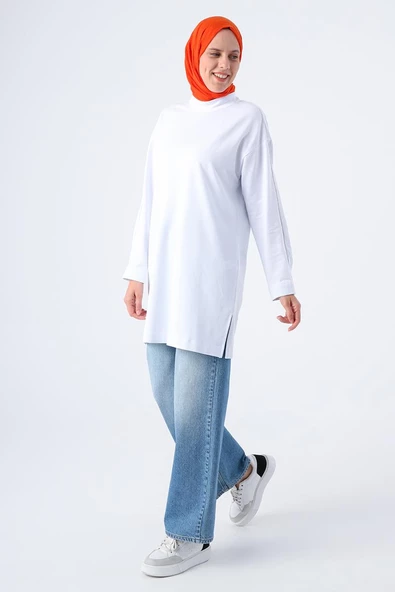 Beyaz-Pamuklu Dik Yaka Sim Dikişli Yıtmaçlı Tunik - Resim 3