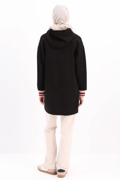 Siyah-NAKIŞLI MANŞETİ RİBANALI SWEAT TUNİK - Resim 4