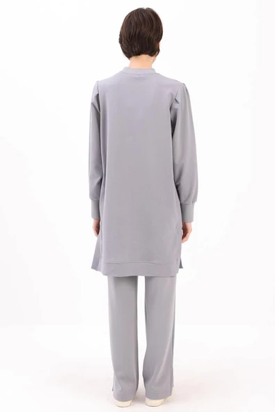 Gri-TAŞ YAZILI KOLU PİLELİ YANI YIRTMAÇLI TUNİK - Resim 4