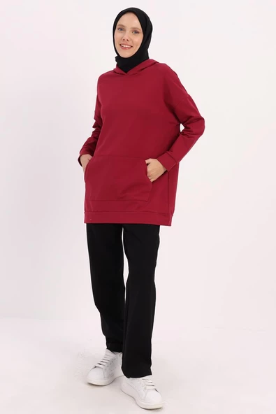 Bordo-Kapüşonlu Kanguru Cepli Likralı Sweat - 3