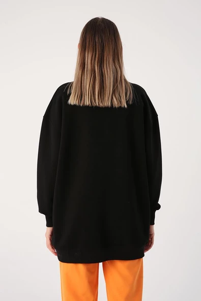 Siyah-Oversize Aplike Nakışlı Sweat - Resim 4