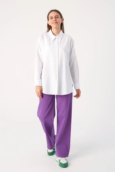 Beyaz-Oversize Basic Gömlek - Resim 4