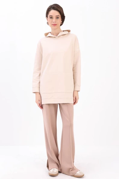 Taş-Kapüşonlu Kanguru Cepli Likralı Sweat - Resim 2