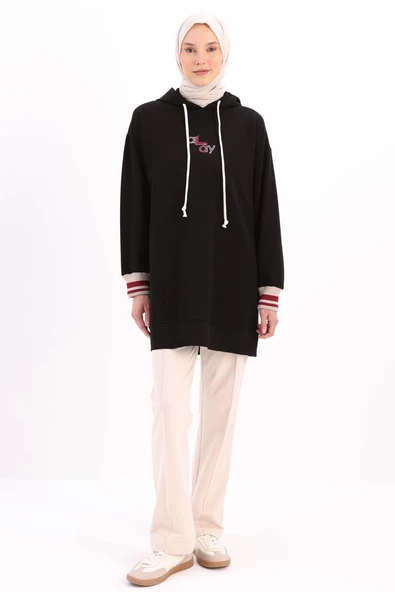 Siyah-NAKIŞLI MANŞETİ RİBANALI SWEAT TUNİK - Resim 2