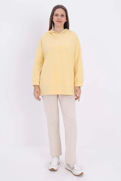 Açık Sarı-Kapüşonlu Sweat Tunik - 2