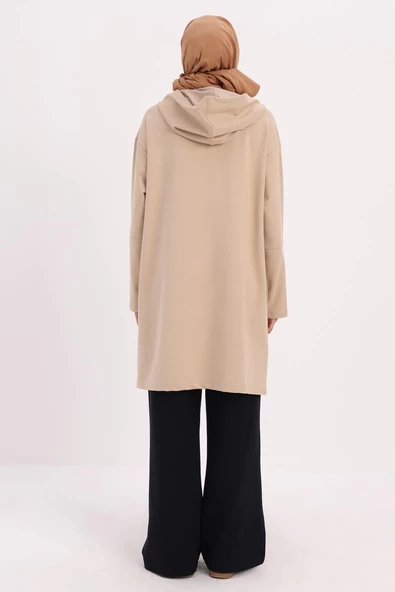 Bej-KAPÜŞONLU YANLARI YIRTMAÇLI SWEAT TUNİK - Resim 4