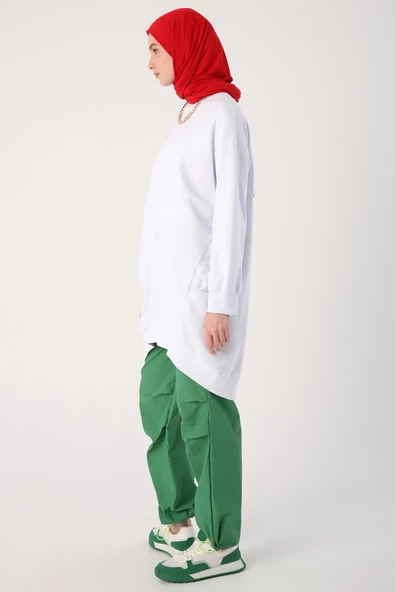 Beyaz-Yanları Pileli Ribanalı Likralı Sweat - Resim 3