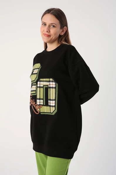Siyah-Oversize Ekose Aplike Nakışlı Sweatshirt - 3