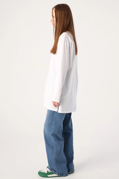 Beyaz-Bisiklet Yaka Baskılı T-shirt - Resim 3