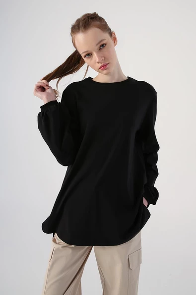 Siyah-Bisiklet Yaka Kol Ucu Büzgülü Likralı Pamuklu Bluz - Resim 5