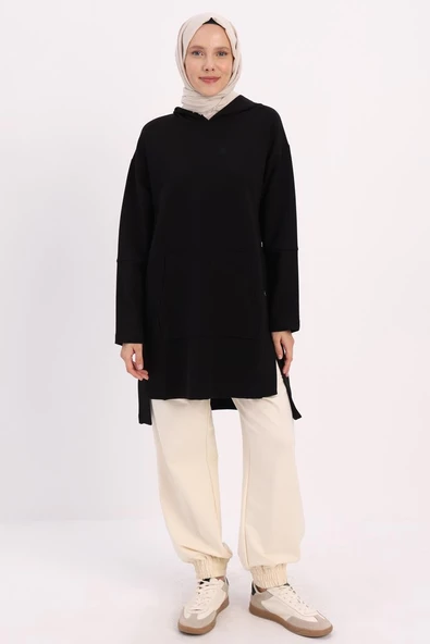 Siyah-KAPÜŞONLU YANLARI YIRTMAÇLI SWEAT TUNİK - Resim 2
