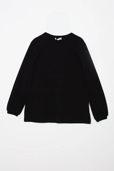 Siyah-Bisiklet Yaka Kol Ucu Büzgülü Likralı Pamuklu Bluz - Resim 7