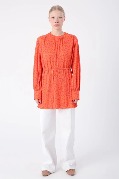 Turuncu-Fuşya-Desenli Biye Kemerli Rahat Piliseli Likralı Tunik - Resim 2