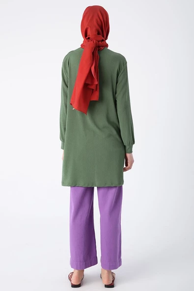 Yeşil-Büzgülü Bağlama Detaylı Bisiklet Yaka Likralı Tunik - Resim 4