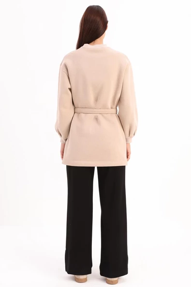 Bej-Pamuklu Kuşaklı Sweat Tunik - Resim 4