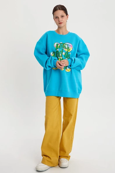 Turkuaz-Baloncuk Baskılı Oversize Sweatshirt - Resim 2
