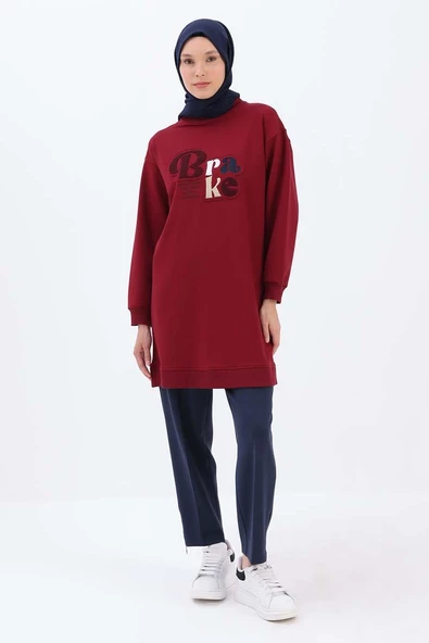 Vişne-APLİKE NAKIŞLI SWEAT TUNİK - Resim 4