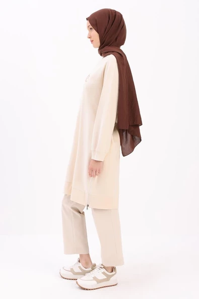 Ekru-YANDAN GARNİ YIRTMAÇLI SWEAT TUNİK - Resim 3