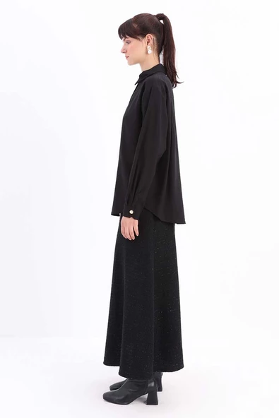 Siyah-KÖŞE MANŞET DETAYLI ŞIK DÜĞMELİ GÖMLEK - Resim 3