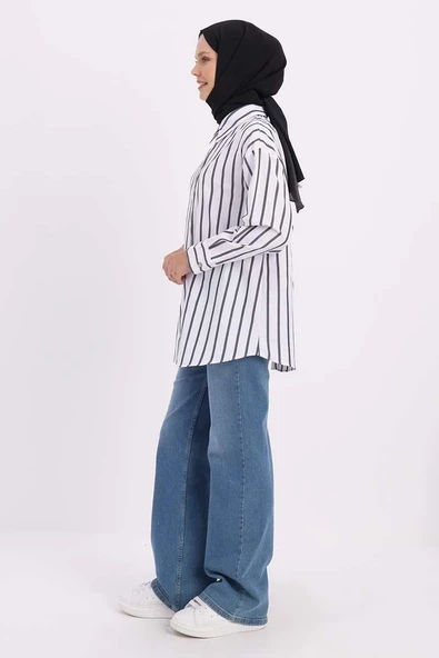 Beyaz-Siyah-Arkası Yırtmaçlı Aparturalı Çizgili Gömlek - Resim 3
