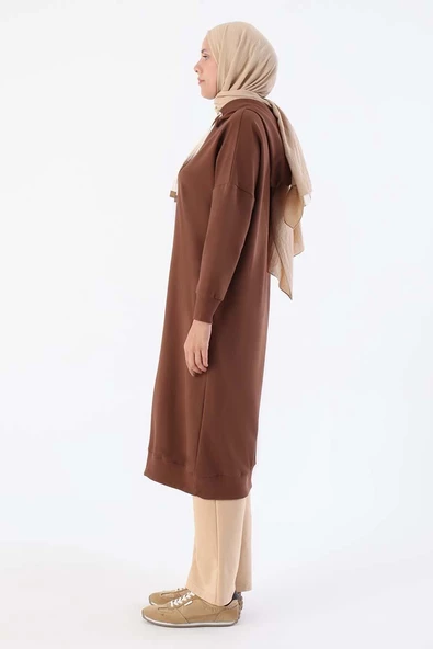 Kahve-Kuşgözlü Kapüşonlu Cepli Sweat Tunik - Resim 3