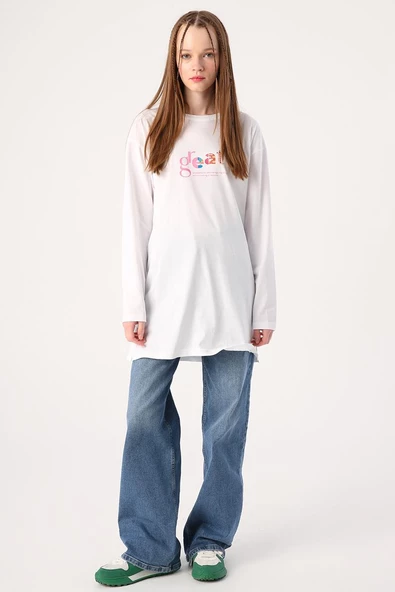 Beyaz-Bisiklet Yaka Baskılı T-shirt - Resim 2