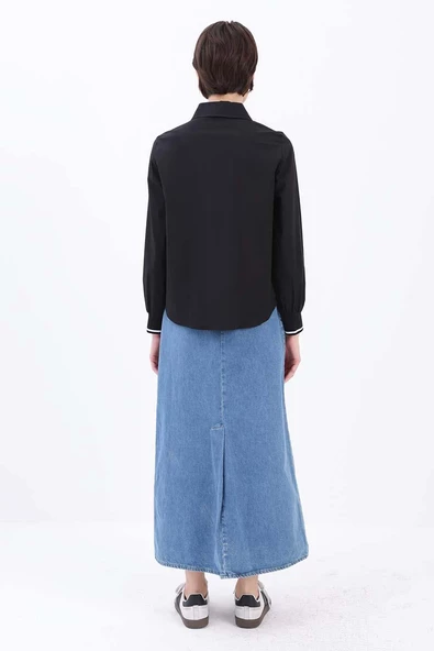 Siyah-MANŞETİ RİBANALI BÜYÜK CEPLİ GÖMLEK - Resim 4