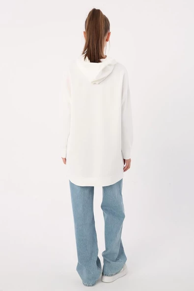 Beyaz-Kapüşonlu Kanguru Cepli Likralı Sweat - Resim 4
