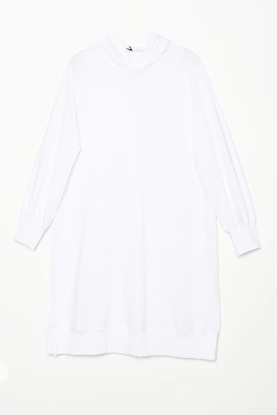 Beyaz-Pamuklu Kapüşonlu Reglan Kollu Yırtmaçlı Likralı Tunik - Resim 6