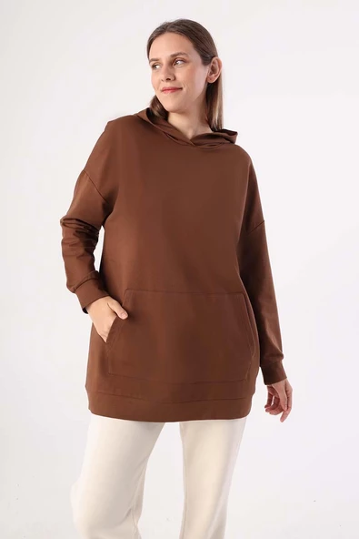 Kahve-Kapüşonlu Kanguru Cepli Likralı Sweat - 1