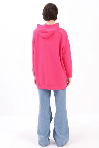 Fuşya-Kapüşonlu Kanguru Cepli Likralı Sweat - 4