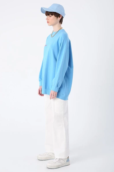 Mavi-Pamuklu Sundream Baskılı Likralı Sweat - 3