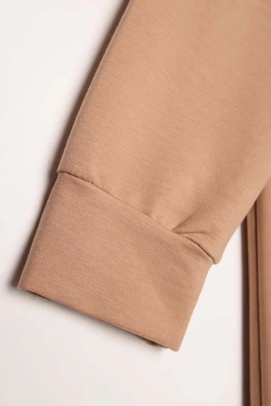 Bej-Kapüşonlu Kanguru Cepli Likralı Sweat - 6