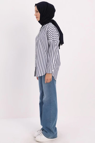 Lacivert-Beyaz-Oversize Basic Gömlek - Resim 2