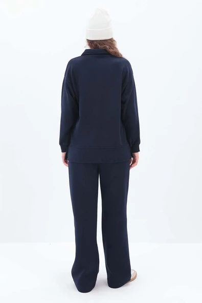 Lacivert-Yanları Fermuarlı Yakalı Sweat Tunik - Resim 4