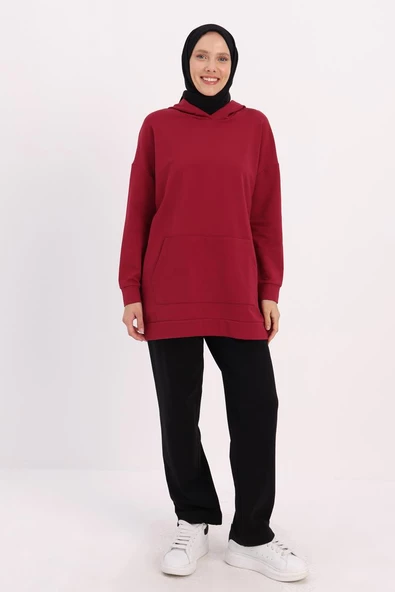 Bordo-Kapüşonlu Kanguru Cepli Likralı Sweat - 2