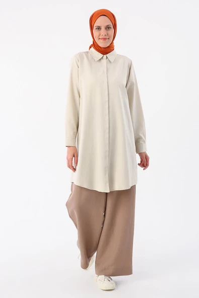 Açık Bej-Büyük Beden Gömlek Tunik - Resim 2